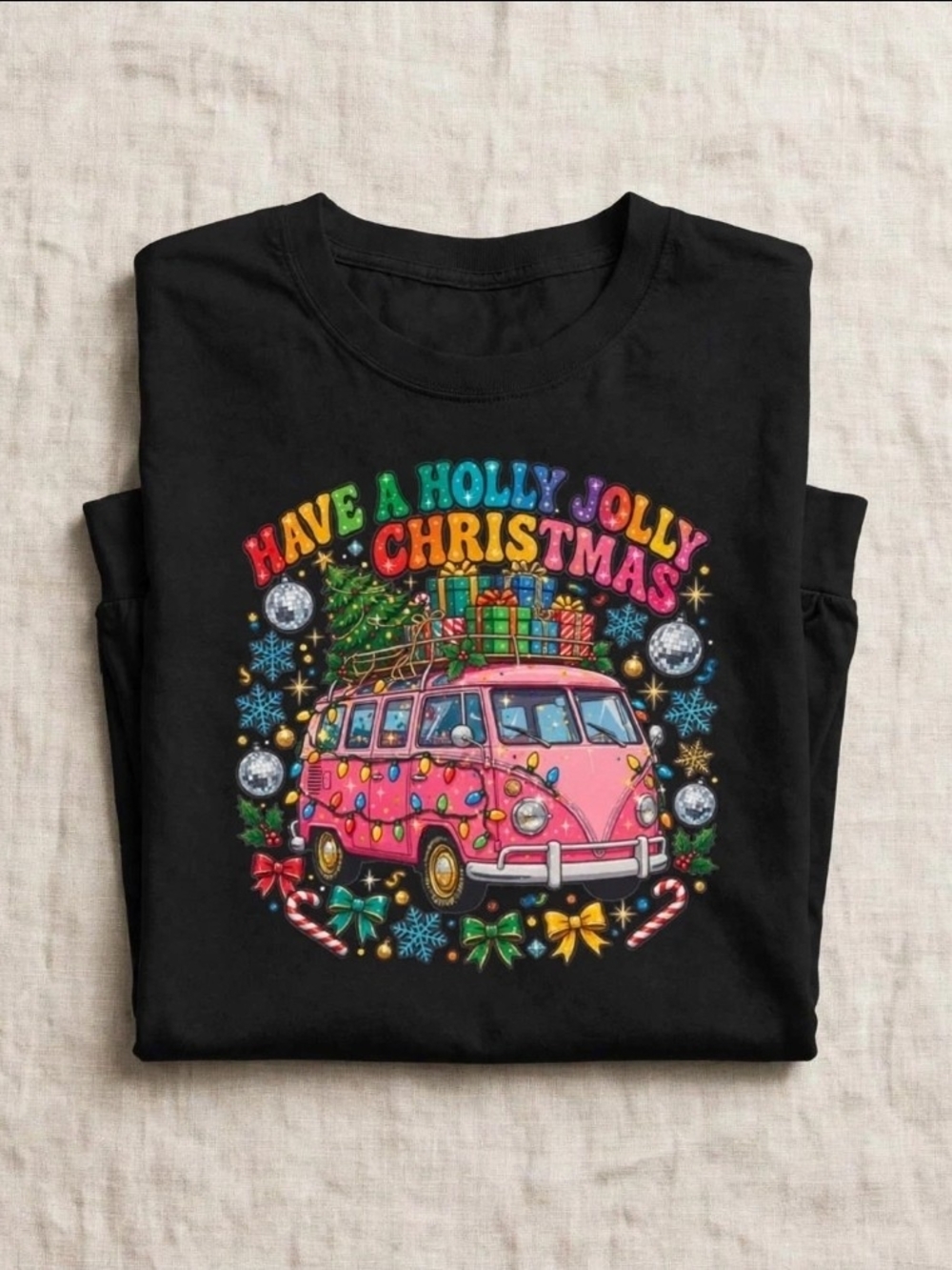 NWT Have A Holly Jolly Christmas Long Sleeve Shirt Black Retro Groovy Boutique